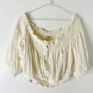 We The Free Ivory Smocked Puff Sleeve Crop Top